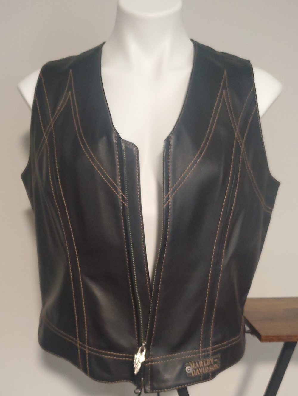 Harley-Davidson Black Leather Women's Vest with Tan Contrast Stitching